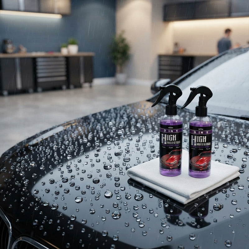 Detailed view of spherical water beads on a freshly polished car hood after using nano coating spray.