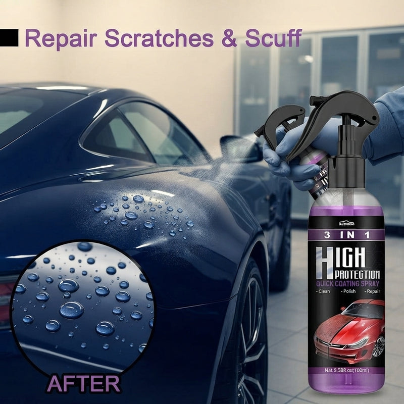 A person applying a hydrophobic nano coating spray to a car hood with water beading on the surface.
