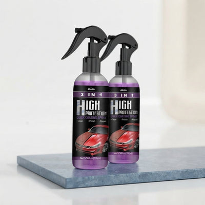Two bottles of hydrophobic nano coating spray displayed on a slate blue surface in a bright white studio setting.