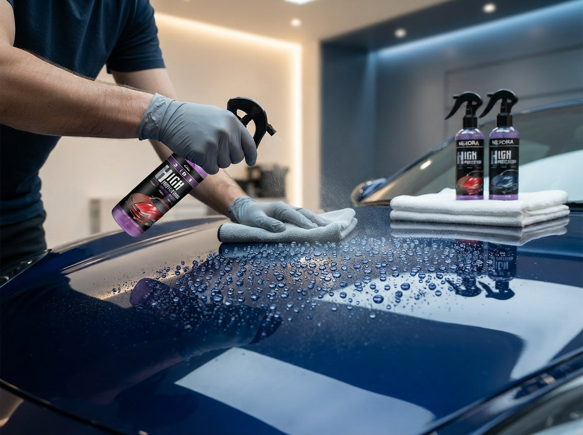 Person applying Nexora hydrophobic nano coating spray to a car hood, showing water beading on the polished surface.