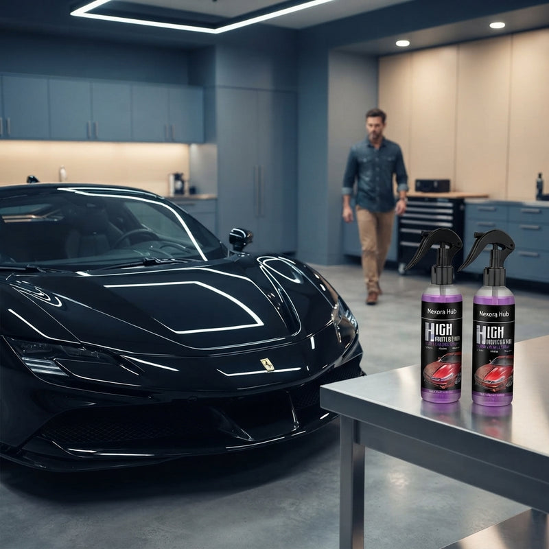 A polished luxury car hood reflecting its environment with two bottles of Nexora Hub nano coating spray nearby.